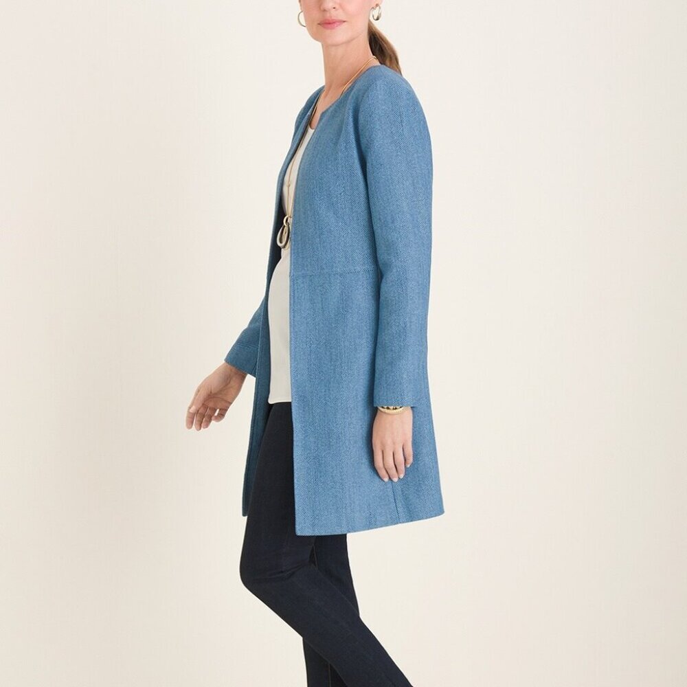 Chico’s NWT bluebird Indigo elongated open front lined Topper jacket, L